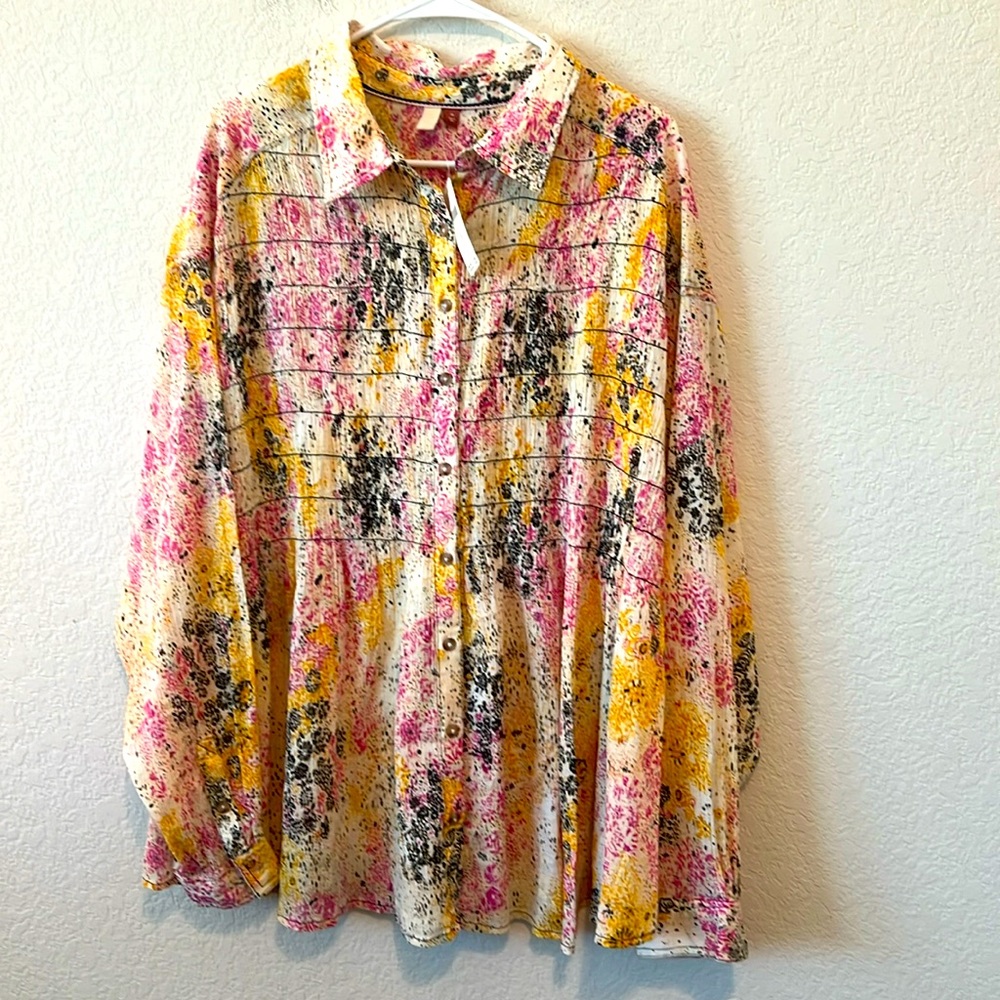 Anthropologie Floral Button-Up Blouse - Pink, Yellow, Black